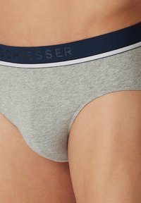 Slips in cotone grigio con vita elasticizzata blu navy, caratterizzati da branding in rilievo e una striscia di accento bianca. Texture liscia, vestibilità classica.