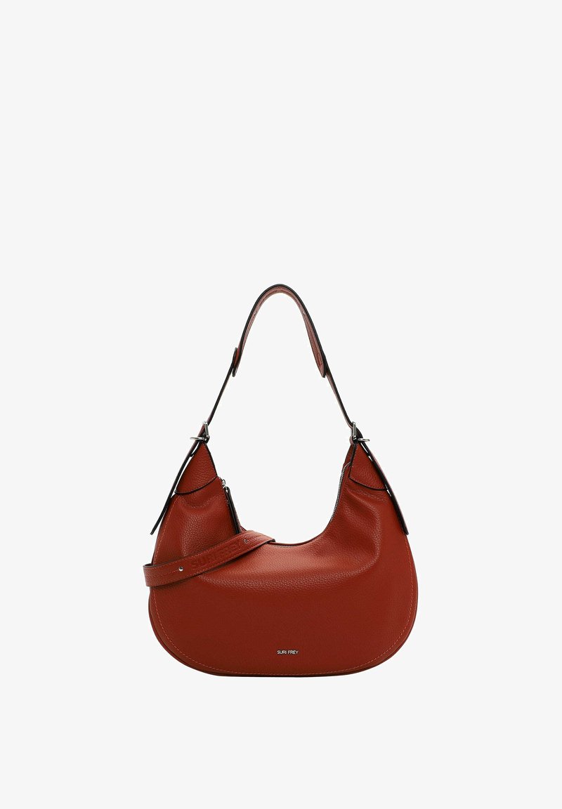 Red pebbled leather handbag with a curved shape, a single shoulder strap, and metallic hardware accents. Features a zippered compartment.