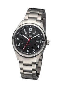 Montre en acier inoxydable avec un cadran noir, des marqueurs d'heure blancs et rouges, et un affichage de la date. Elle est équipée d'un mouvement solaire et d'un bracelet en métal.
