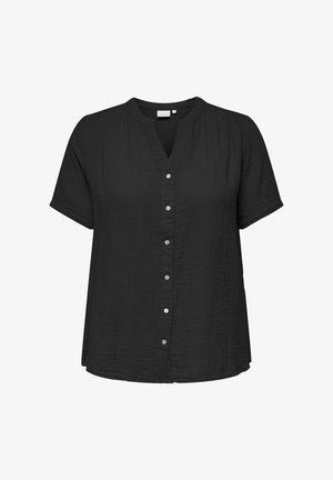 Melnā īso piedurkņu blūze ar V-veida kaklu, priekšējo pogu aizdari un nedaudz teksturētu audumu. Tam ir brīvs piegriezums un noapaļots apakšmalas dizains.