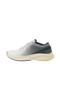 Baskets de course légères avec une tige en mesh texturé gris et blanc, une semelle flexible et un accent vert lime sur la semelle extérieure.