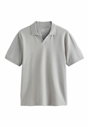 Lysegrå kortærmet poloshirt med V-hals og almindelig pasform, størrelse medium, lagt fladt på hvid baggrund.