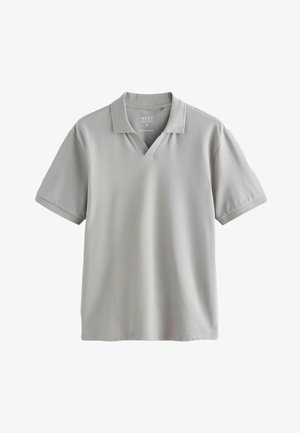 Hellgraues Poloshirt mit kurzen Ärmeln, V-Ausschnitt und regulärer Passform, Größe M, flach auf weißem Hintergrund liegend.