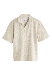 Chemise beige à manches courtes avec boutons, broderie florale et col décontracté, en tissu texturé.