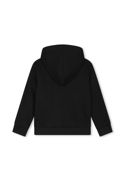 Felpa nera con cappuccio e maniche lunghe, con polsini e orlo a coste. Texture liscia con un design semplice e privo di decorazioni. Vista posteriore mostrata.