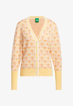 Yellow patterned cardigan with orange floral motifs, v-neck, five buttons down the front, and ribbed cuffs and hem. Thin, knitted fabric.