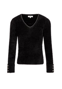 Schwarzer Pullover mit langen Ärmeln und V-Ausschnitt, gefertigt aus weichem, flauschigem Material. Mit Knopfdetails an den Bündchen und einem strukturierten Stoffdesign.