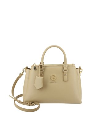 Borsa a mano in pelle beige con due manici, tracolla removibile, ferrature color oro e piccolo logo sul davanti.