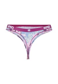 Sous-vêtement string taille basse avec ceinture violette, imprimé papillons multicolores et logos blancs PSD de chaque côté de la ceinture.