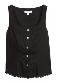Zwarte linnen mouwloze top met een ronde halslijn, voorzien van een vijfknopen sluiting aan de voorkant en een franjeszoom.
