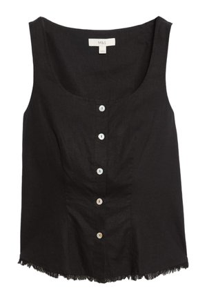 Top sans manches en lin noir avec un col rond, présentant une fermeture à cinq boutons sur le devant et un ourlet frangé.