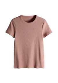 Tricou roz cu mâneci scurte, cu model striat și decolteu rotund, având o textură moale și un croi simplu, clasic, fără accesorii suplimentare.