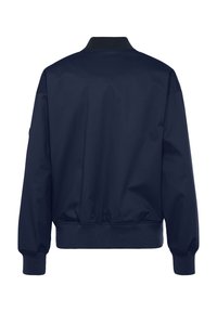 Navy bomber jacket made of smooth fabric, featuring a ribbed collar and cuffs, with a slightly loose fit and elasticized waistband.