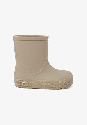 Stivale da pioggia in gomma beige alla caviglia con texture liscia, punta arrotondata, tacco basso e logo sottile sul lato. Design semplice e funzionale.