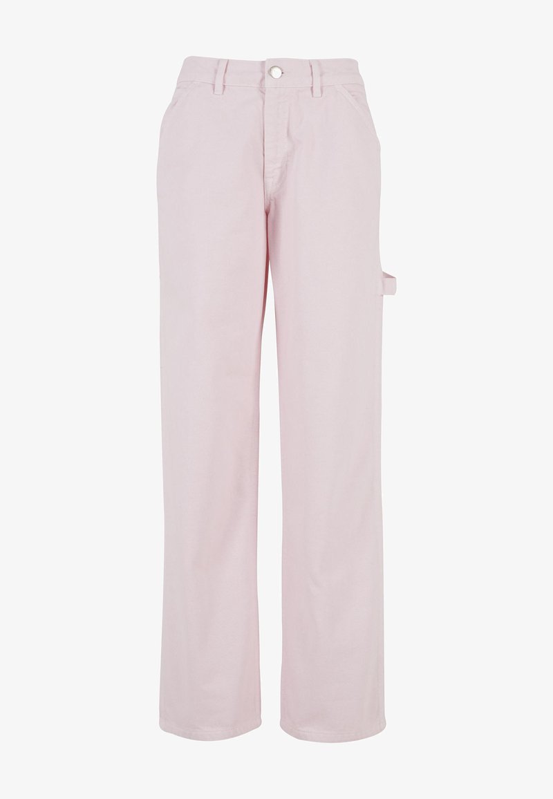 Pantalons en coton rose pâle à coupe droite, dotés d'une fermeture à bouton et d'une poche cargo sur le côté. Texture lisse et détails de design minimalistes.