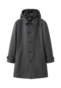 Abrigo de lana gris con capucha acolchada negra, corte oversize, cierre de botones y bolsillos laterales. Puños enrollados con acentos de botones.