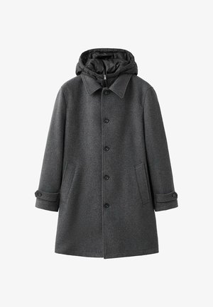 Cappotto di lana grigio con cappuccio trapuntato nero, vestibilità over-size, chiusura a bottoni e tasche laterali. Maniche arrotolate con dettagli a bottoni.