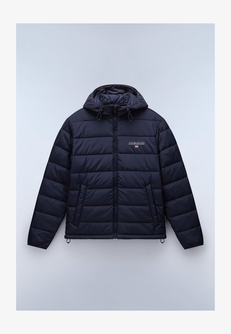 Navy blue padded jacket with hood, front zipper, two pockets, and small logo with flag on the chest.