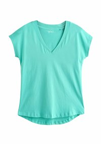 T-shirt à manches courtes teal clair avec un décolleté en V. Fabriqué en tissu doux et lisse avec un ourlet arrondi et des détails de couture minimalistes.