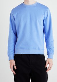 Sudadera azul claro hecha de una mezcla de algodón, con escote de barco, mangas largas y puños y dobladillo acanalados. Combinada con pantalones negros.