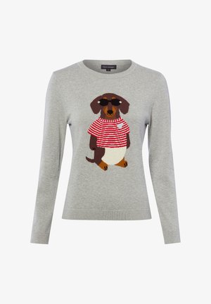 Grauer Pullover mit langen Ärmeln und einer Grafik eines braunen Dackels, der schwarze Sonnenbrillen und ein rot-weiß gestreiftes Hemd trägt.