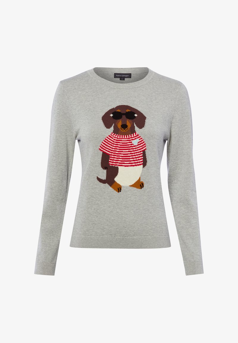 Grauer Pullover mit langen Ärmeln und einer Grafik eines braunen Dackels, der schwarze Sonnenbrillen und ein rot-weiß gestreiftes Hemd trägt.