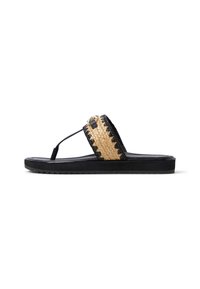 Black flip-flop sandal featuring a woven straw band, accented with a metallic button and textured rubber sole for grip.