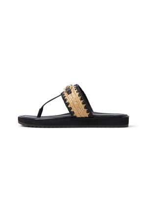 Black flip-flop sandal featuring a woven straw band, accented with a metallic button and textured rubber sole for grip.