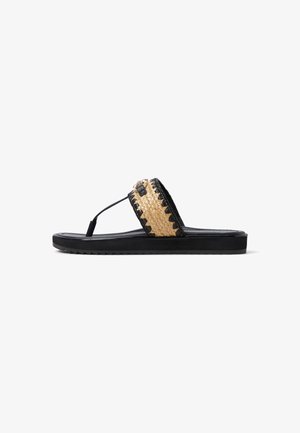 Black flip-flop sandal featuring a woven straw band, accented with a metallic button and textured rubber sole for grip.