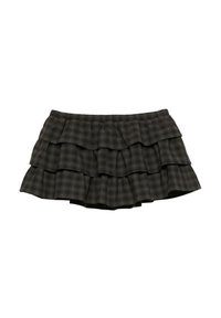 Zwart-grijze geruite mini-rok met drie geplooide lagen, elastische tailleband en lichtgewicht stof, met een geruit patroon over de hele rok.