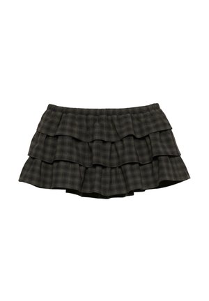 Mini gonna a quadri nera e grigia con tre strati arruffati, vita elasticizzata e tessuto leggero, con motivo a quadri su tutta la superficie.