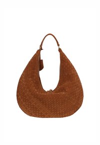 Braune geflochtene Wildleder-Hobo-Tasche mit gebogener Form, Reißverschluss oben und einem einzelnen strukturierten Riemen. Glattes Inneres ohne sichtbare Beschläge.