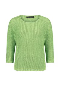 Grüner Strickpullover mit Rundhalsausschnitt, dreiviertellangen Ärmeln und lockerer Passform. Verfügt über ein strukturiertes Muster im gesamten Kleidungsstück.