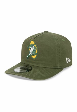 Olivgrüne verstellbare Baseballkappe mit einem gelb-grünen Logo eines Mannes, der durch einen Kreis läuft, auf dem vorderen Panel.