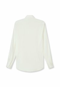 White long-sleeve shirt with a pointed collar. Smooth fabric, straight cut, visible buttons on cuffs. Minimalist design with no visible patterns.