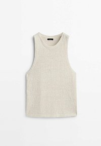 Débardeur tricoté beige clair avec un col rond et une coupe sans manches, présentant un tissu texturé et un ourlet inférieur soigné.