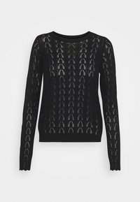 Czarny dziergany sweter z teksturowanym wzorem ażurowych łuków, długie rękawy i zaokrąglony dekolt. Miękki, lekki materiał.