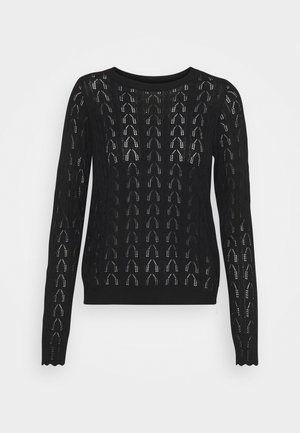 Black knitted sweater with a textured pattern of openwork arches, long sleeves, and a rounded neckline. Soft, lightweight material.