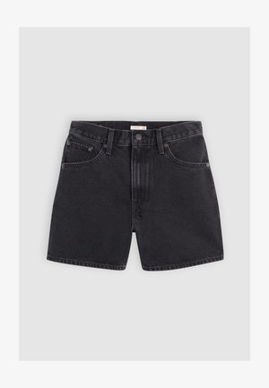 Black denim shorts with a high waist, five pockets, metal button, and contrasting stitching. Smooth texture and straight cut at the hem.
