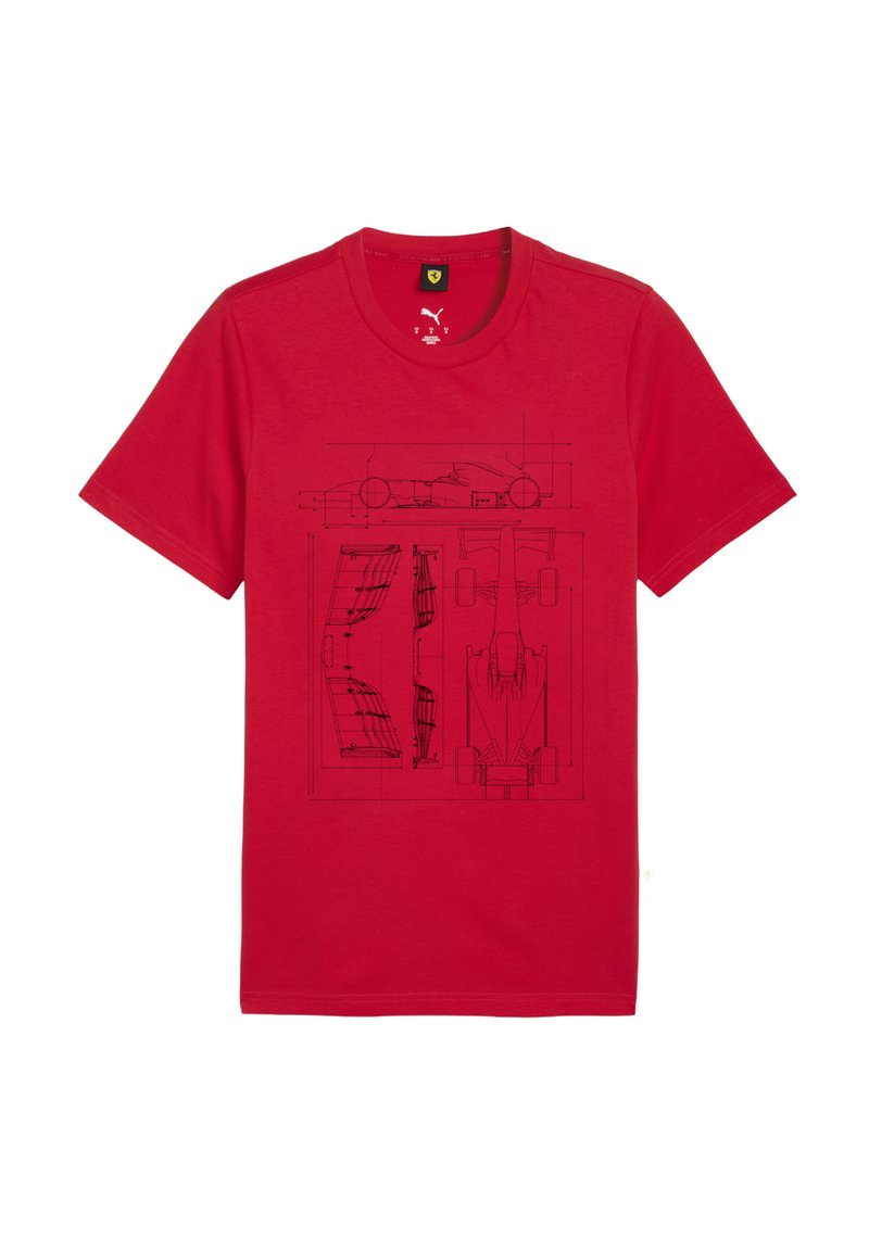 Rød T-shirt med et sort grafisk design af en racerbil blueprint, inklusive side- og topvisninger, med design detaljerne skitseret.