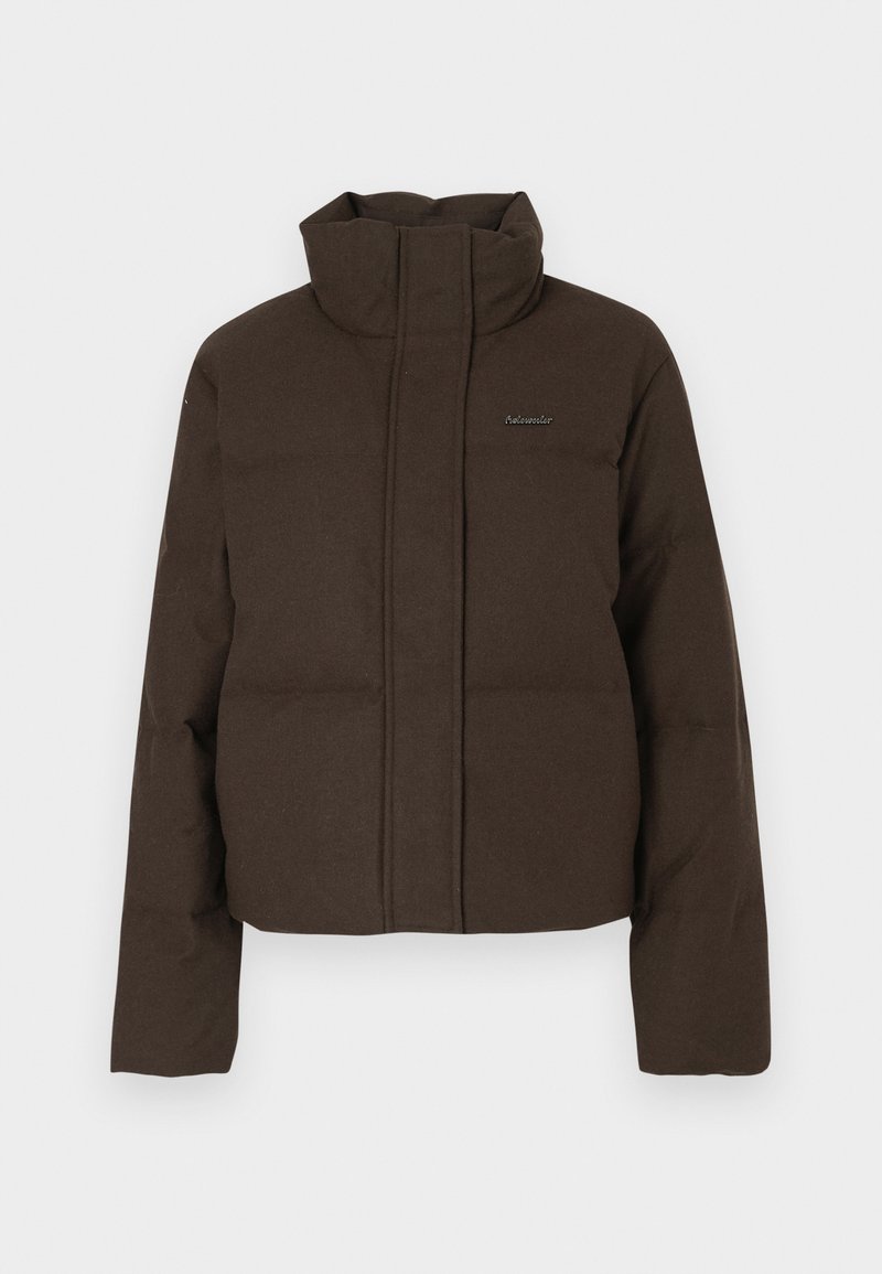 Brown puffer jacket with high collar, front zipper, and horizontal quilted sections. Made of soft, textured fabric with subtle branding.