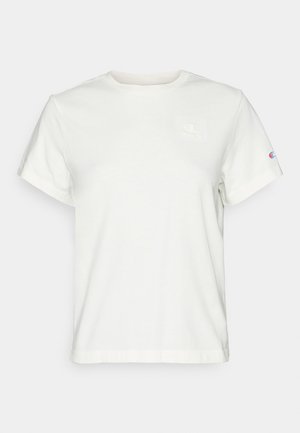 White short-sleeve cotton T-shirt with a crew neckline and a small logo on the upper left chest. Soft texture and standard fit.