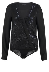 Body noir à manches longues avec col en V, devant croisé en diagonale et ornements en sequins noirs sur le torse.