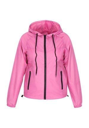 Roze windbreakerjack met capuchon, voorzien van een rits aan de voorkant, zwarte accenten, trekkoorden en elastische manchetten. Lichtgewicht, waterafstotend materiaal.