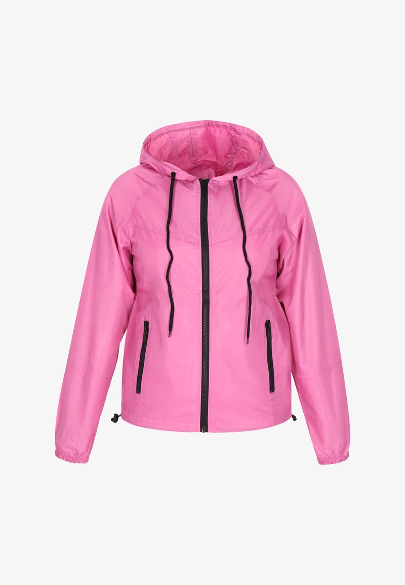Chaqueta cortavientos con capucha en color rosa, con cierre frontal, detalles en negro, cordones y puños elásticos. Material ligero y resistente al agua.