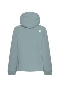 Light blue hooded jacket with elasticized cuffs, smooth texture, and a small white logo on the upper back. Simple, modern design.