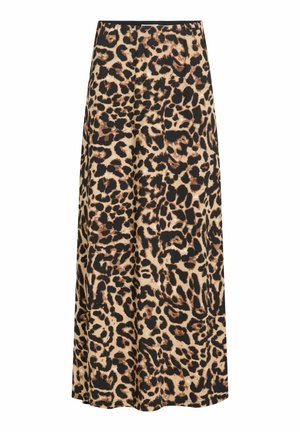Jupe trapèze à imprimé léopard avec des taches noires, brunes et beiges, longueur mi-mollet, taille élastique et texture de tissu lisse.