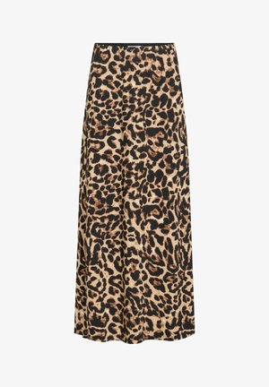 Jupe trapèze à imprimé léopard avec des taches noires, brunes et beiges, longueur mi-mollet, taille élastique et texture de tissu lisse.