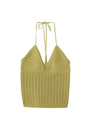 Top halter tricotat verde măsliniu, cu cupe triunghiulare și model vertical texturat din dantelă, legat la gât cu curele subțiri.