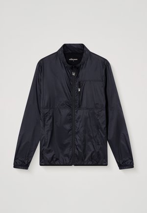 Črna lahka jakna z zadrgo, stoječim ovratnikom, elastičnimi manšetami in žepi na prsih ter straneh z zadrgo, velikost srednja.